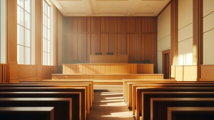 spacious empty courtroom interior, wooden furniture, judge's bench, witness stand, jury box, gallery seating, natural light, advertisement template with copy space