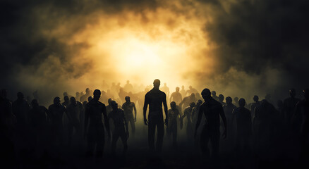Silhouette of zombie horde against dark sky background