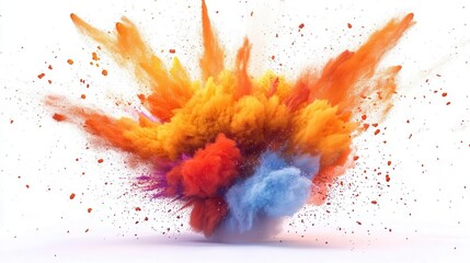spectacular explosion vibrant fireball erupts with colorful smoke tendrils. dynamic composition captures raw power against stark white background.