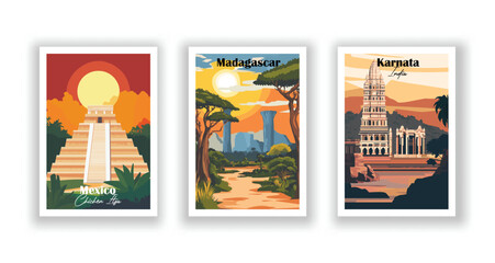 Karnataka India, Madagascar, Mexico, Chichen Itza - Set of 3 Vintage Travel Posters. Vector illustration. High Quality Prints