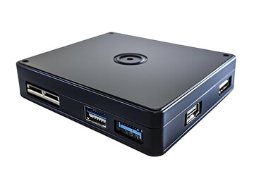 Obraz premium High-tech black device featuring multiple USB ports for connectivity and data transfer, ideal for modern digital tasks.