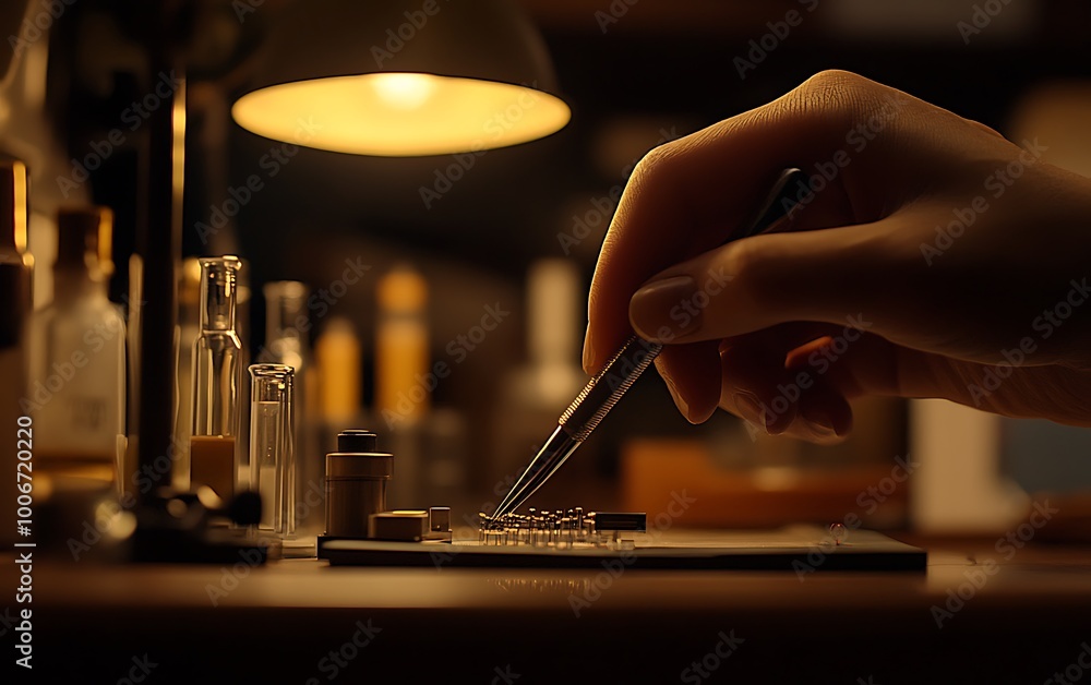 Poster engineer using tweezers on renewable energy model component