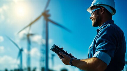 A man in a hard hat and safety glasses holding a tablet in front of wind turbines