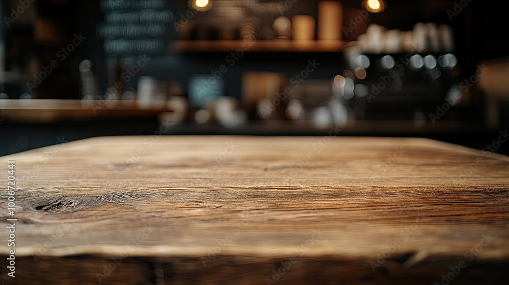 Poster wooden tabletop in focus with a bokeh effect coffee shop behind, providing an inviting backdrop for 