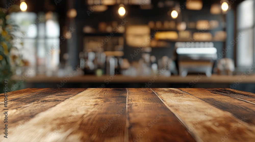 Poster wooden tabletop in focus with a bokeh effect coffee shop behind, providing an inviting backdrop for 