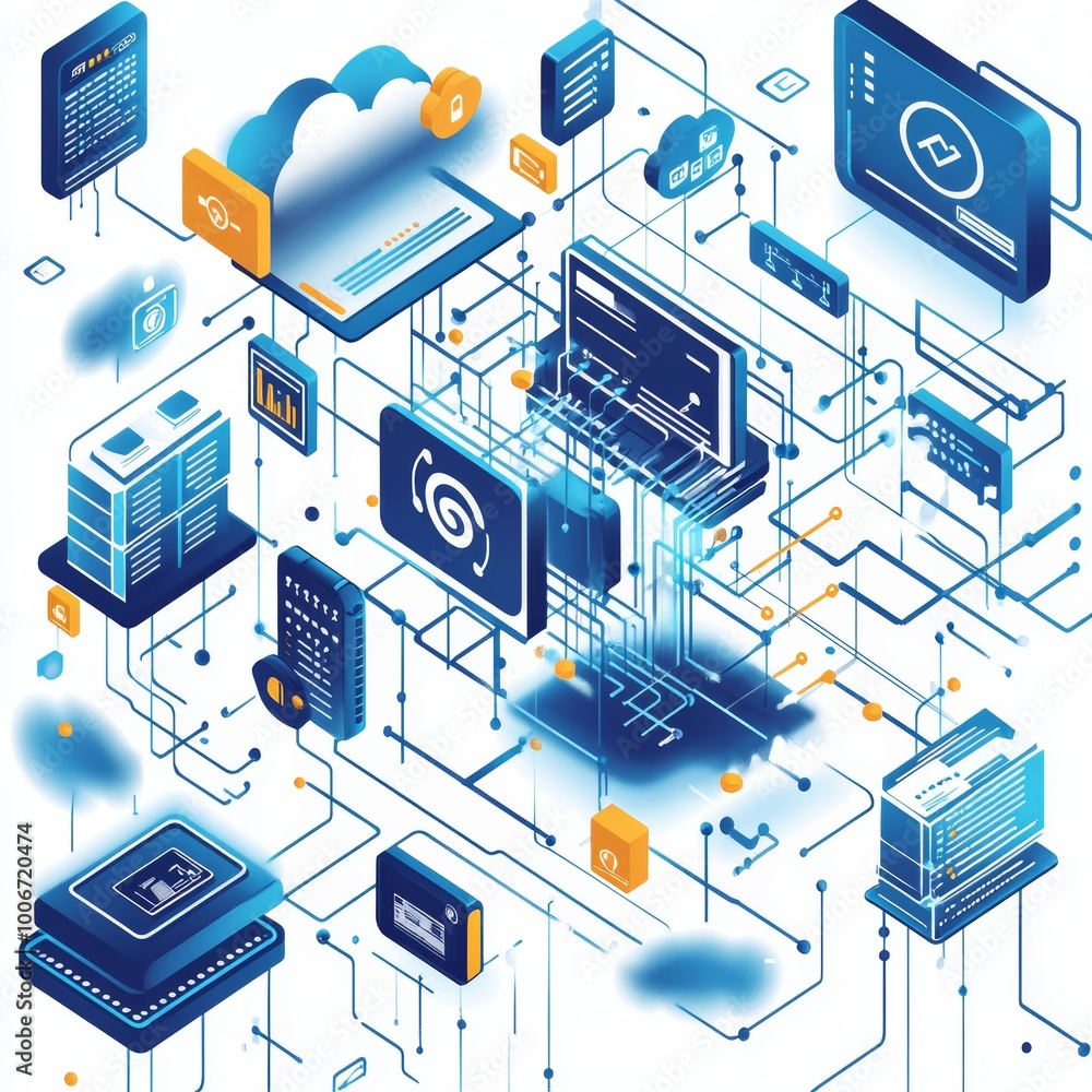 Poster intricate technology network illustration depicting interconnected devices and system communication 