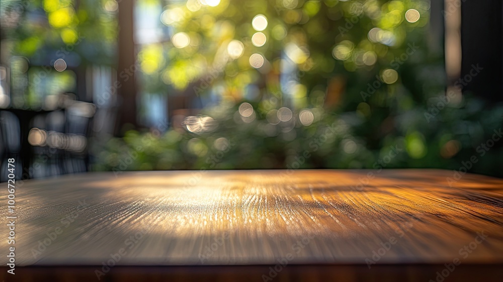 Poster wooden tabletop in focus with a bokeh effect coffee shop behind, providing an inviting backdrop for 