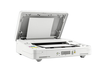 Modern white scanner printer with open lid, ideal for office use and professional document handling.