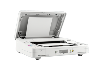 Modern white scanner printer with open lid, ideal for office use and professional document handling.