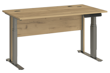 Modern wooden desk with adjustable height for ergonomic workspaces, blending functionality and style for home or office use.
