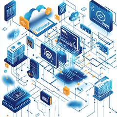 Fototapeta premium Intricate technology network illustration depicting interconnected devices and system communication in a cloud computing environment.