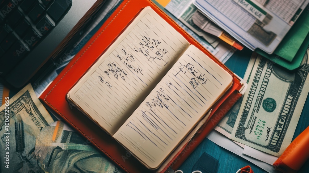 Poster accountant writing notes in notebook analyzing financial charts and documents