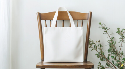 Minimalist white tote bag on a wooden chair - Powered by Adobe