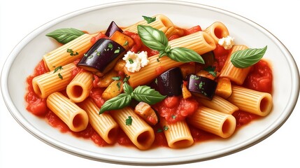 Plato de rigatoni en salsa de tomate con trozos de berenjena y hojas frescas de albahaca. Un cl&aacute;sico de la cocina italiana, lleno de sabores mediterr&aacute;neos.