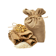 Burlap sacks with rice and seeds