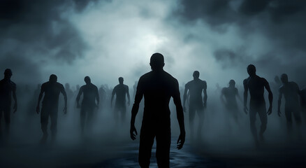 Silhouette of zombie horde against dark sky background