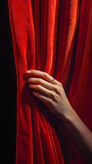 Hand holding red velvet curtain, dramatic reveal concept