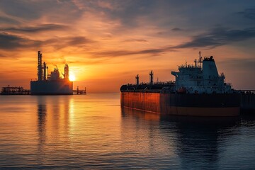 Silhouetted oil tanker at sunset with refinery in background
