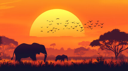 Fototapeta premium Silhouettes of an elephant and calf against a radiant sunset with acacia trees and a flock of birds in a tranquil savanna setting. generative ai. Savanna at Dusk. Illustration