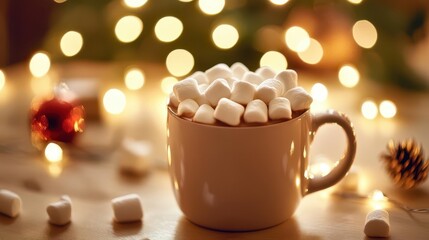 steaming mug of rich hot cocoa, pillowy marshmallows floating on top, soft focus christmas lights in background, warm and inviting mood, comfort food
