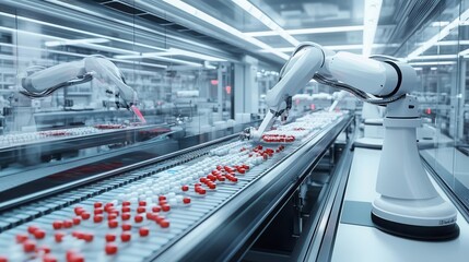 sterile laboratory environment with futuristic pill-sorting machines, gleaming conveyor belts, and robotic arms precisely handling medications in a high-tech pharmaceutical facility