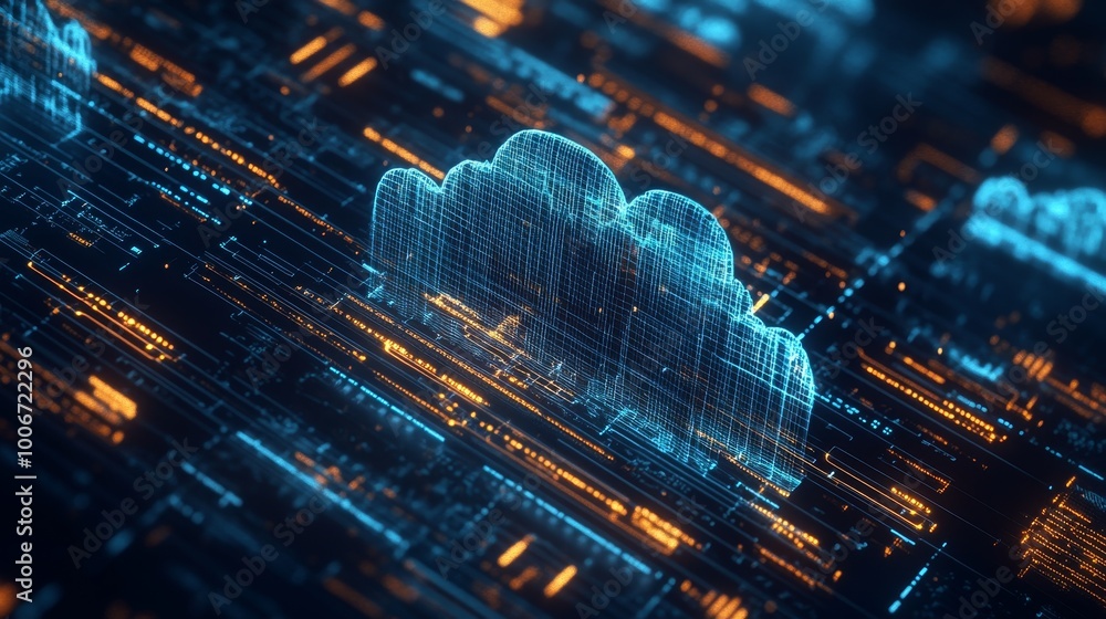 Poster a digital rendering of a cloud integrated with circuitry, symbolizing online data storage and futuri