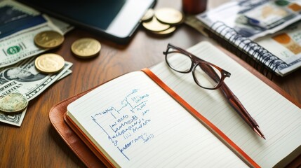 Businessman planning strategy with notepad, pen and money on desk