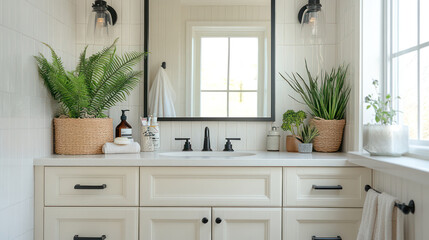 Bathroom with wooden cabinet and white porcelain sink under a long frameless mirror next to a dressing room. Generative AI