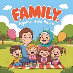 showing a cheerful family enjoying a Sunday outdoors on a picnic.