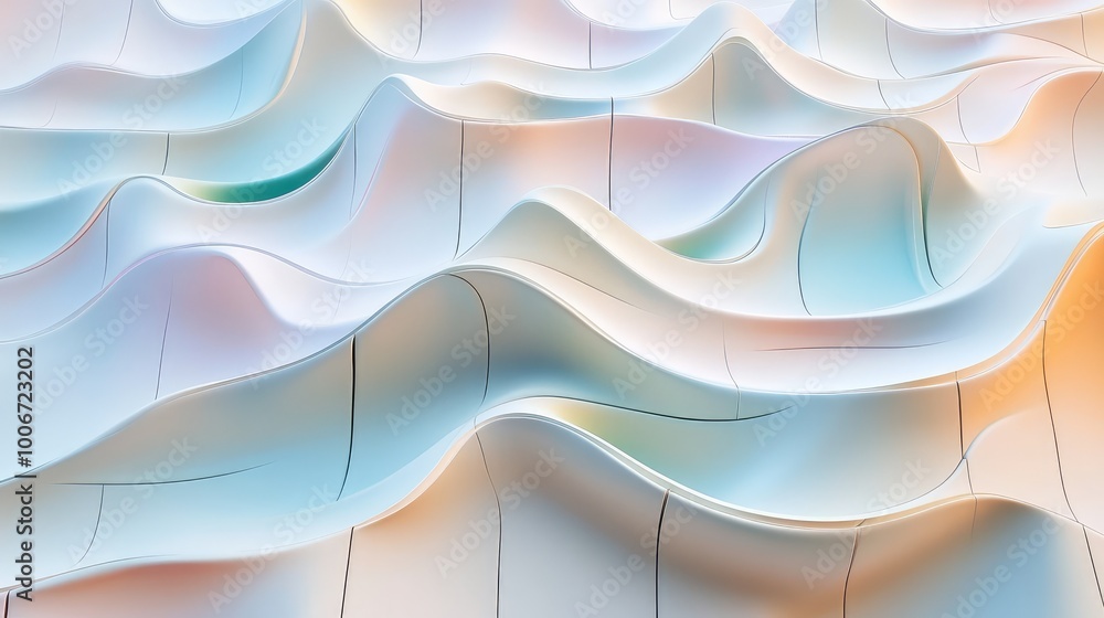 Poster abstract waveforms in soft pastel shades flowing across the surface of square tiles, creating a smoo