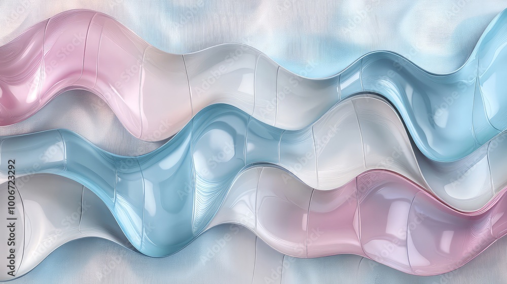 Poster abstract waveforms in soft pastel shades flowing across the surface of square tiles, creating a smoo
