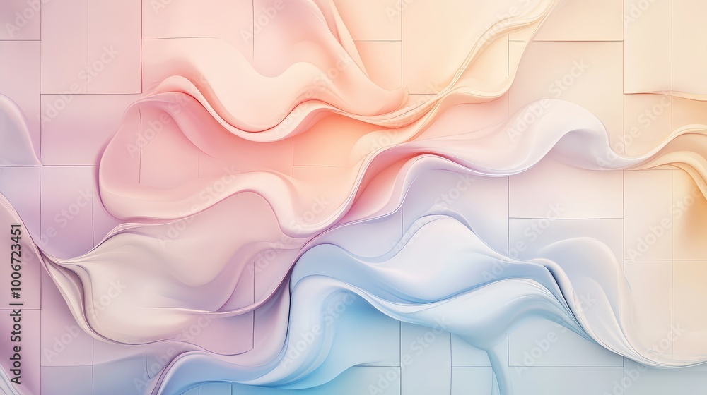 Poster abstract waveforms in soft pastel shades flowing across the surface of square tiles, creating a smoo