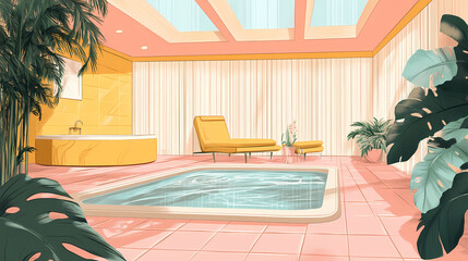 Splash of vintage aesthetics meets modern comfort in a spa with a retro chic interior set amidst rolling meadows. Rolling Meadows. Illustration