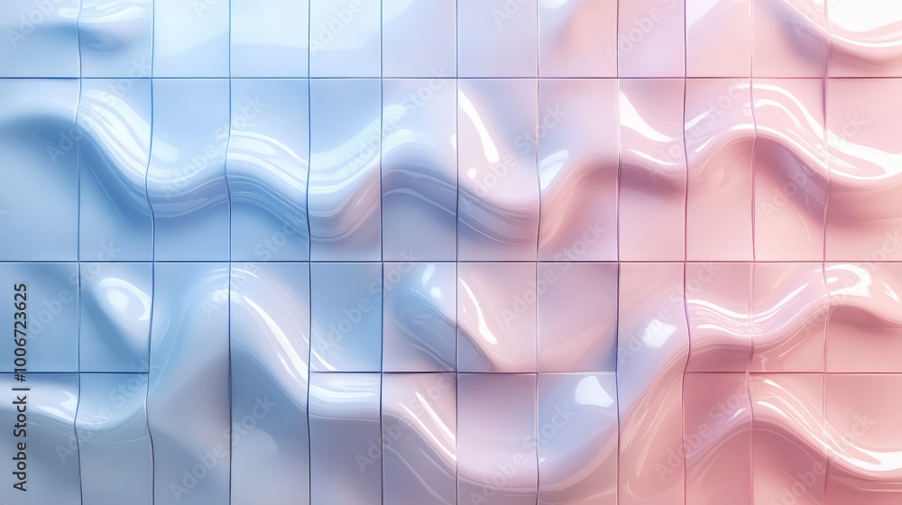 Poster abstract waveforms in soft pastel shades flowing across the surface of square tiles, creating a smoo