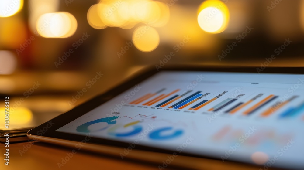 Poster tablet showing graphs and charts with warm background lights