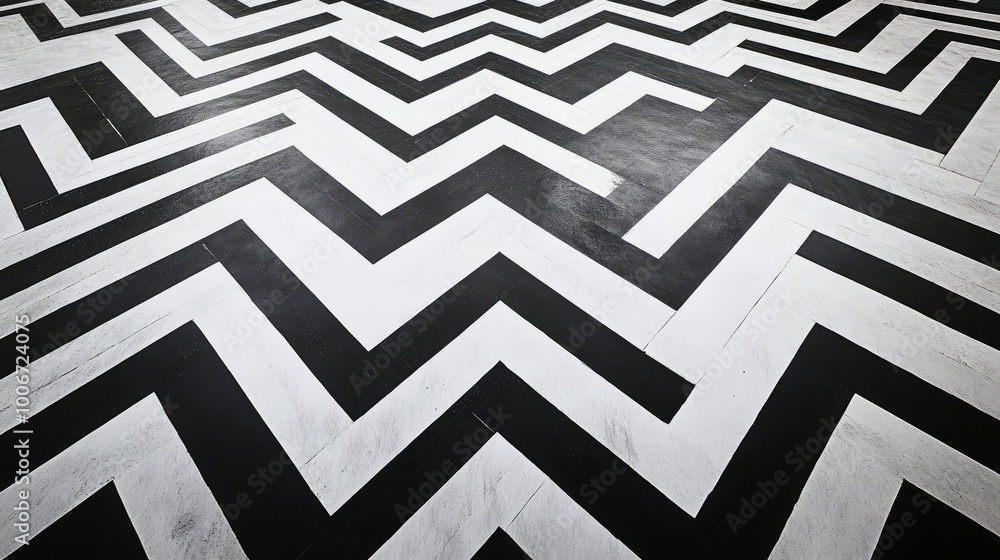 Poster bold, angular lines forming a zigzag pattern in black and white, creating a dynamic, high-contrast t
