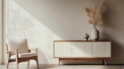 stylish living room interior mockup, modern commode with curated decor pieces. soft natural light enhancing minimalist yet cozy ambiance.