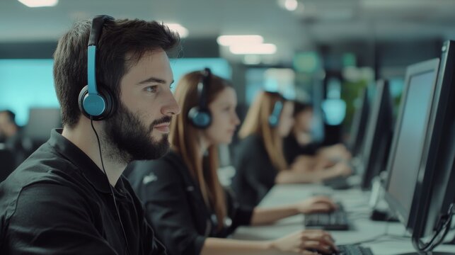 Focused Call Center Employees in Modern Office Setting