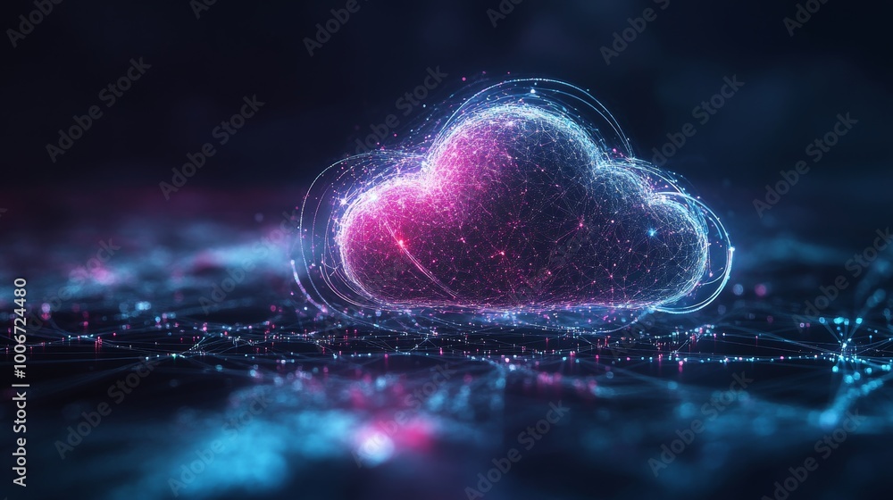 Poster an abstract representation of a glowing digital cloud, symbolizing cloud computing, networking, and 