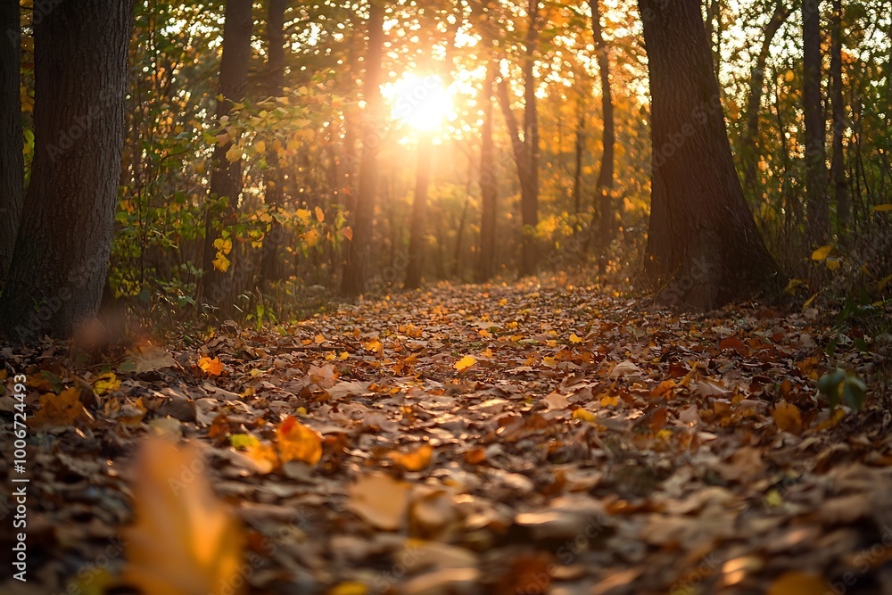 Poster sunlight filtering through trees in autumn forest with fallen leaves on path