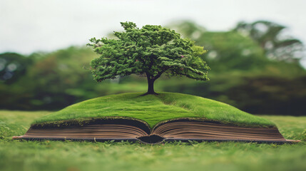 Oak Tree of Wisdom: Grass Sprouts from Open Book, Embracing Nature's Harmony and Human Knowledge