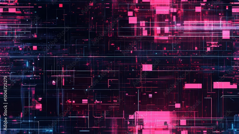 Poster futuristic digital matrix features intricate pink techno grids and glowing lines over a deep dark ba