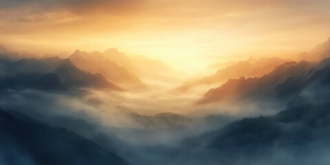 Fototapeta premium Golden light illuminates misty mountain peaks at sunrise.