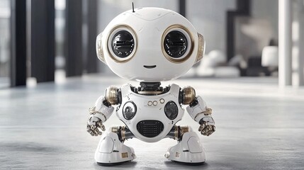 A cute, white robot with gold accents stands on a concrete floor in a modern office.