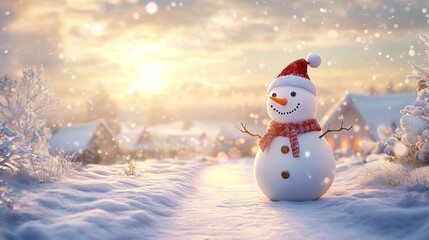 Obraz premium Merry Christmas and Happy New Year Greeting Card Design Featuring a Joyful Snowman in a Magical Winter Landscape with Snowy Background and Ample Copy Space