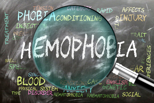 Hemophobia being studied, examined - under close inspection. Most important subjects and ideas closely related to hemophobia written on a blackboard inspected by a magnifying glass. ,3d illustration