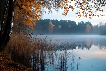 Fototapeta premium Tranquil foggy lake in autumn with golden leaves and tall grass by the shore