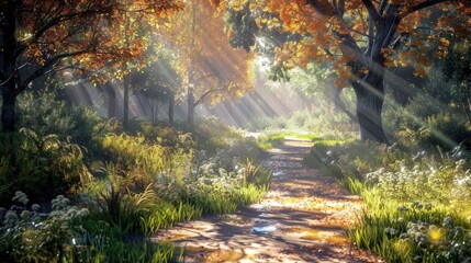Sunbeams Through Autumn Forest