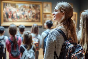 school trip to a museum, kids observe art, guide leads educational tour for student group