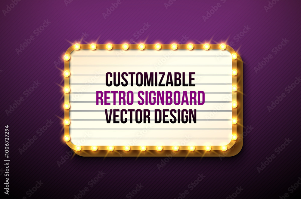 Poster vector retro signboard or lightbox illustration with customizable design on dark background. light b